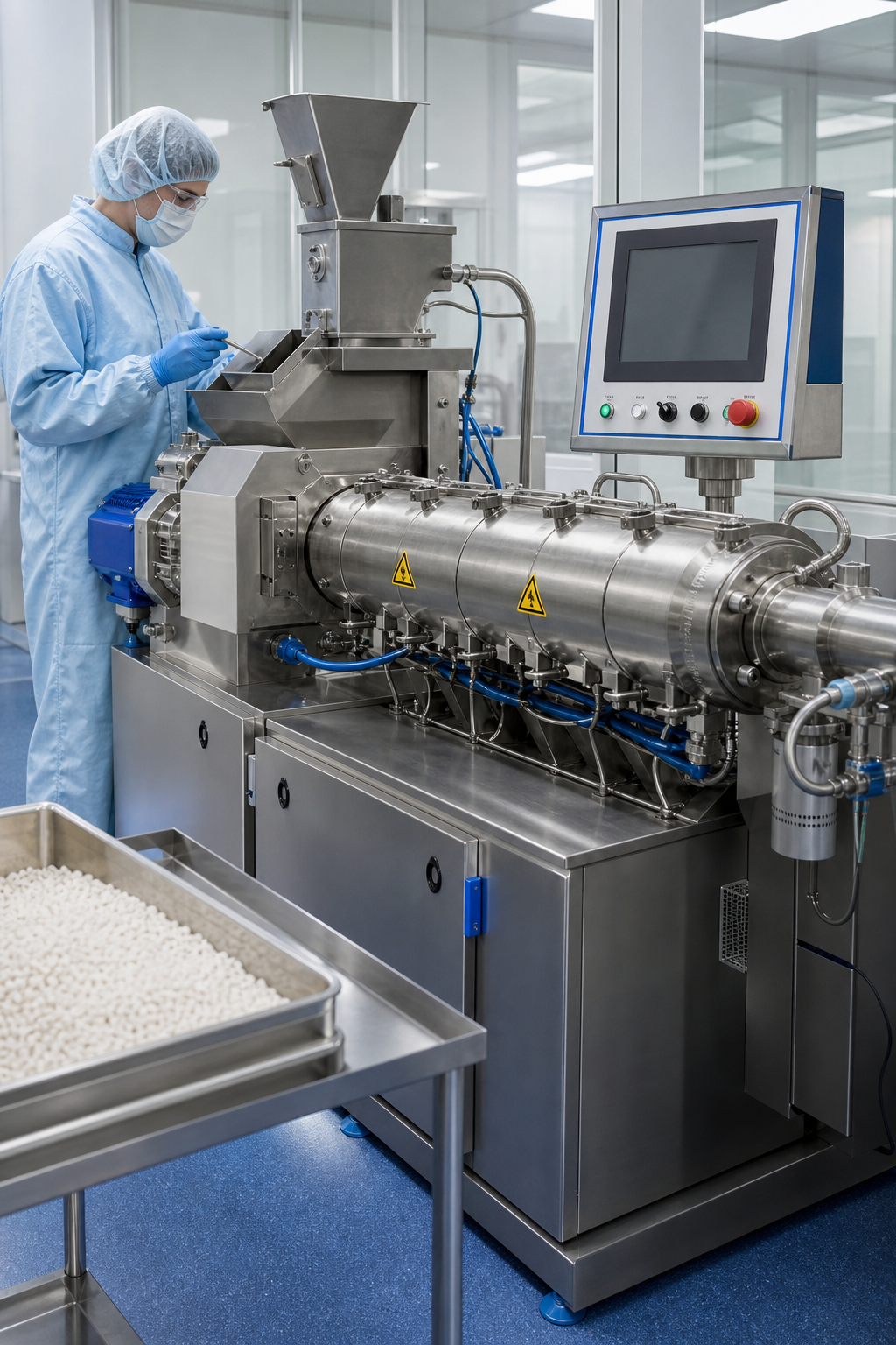 A detailed view of a Leistritz ZSE 18 MAXX twin‑screw extruder in a cleanroom, with visible control panel, stainless steel barrel, and safety signage, illustrating its use in pharmaceutical research.