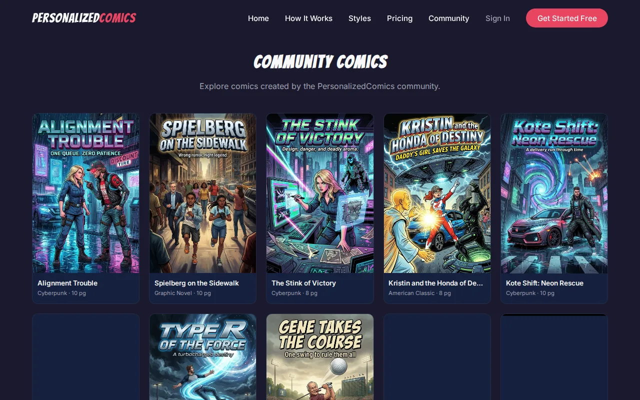 Screenshot of the PersonalizedComics website
