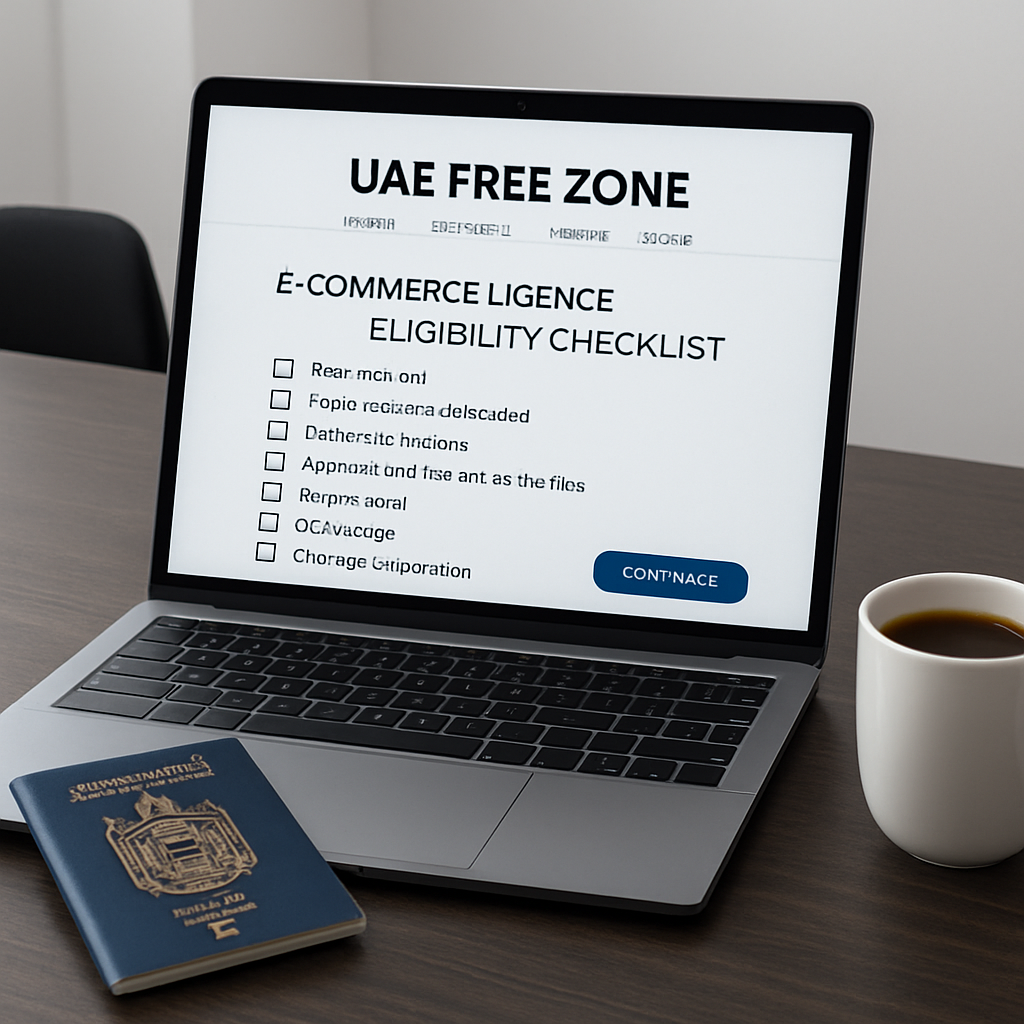 A sleek modern office desk with a laptop open to a UAE free zone portal, a passport and a coffee cup beside it. Alt: UAE free zone e‑commerce licence eligibility checklist.