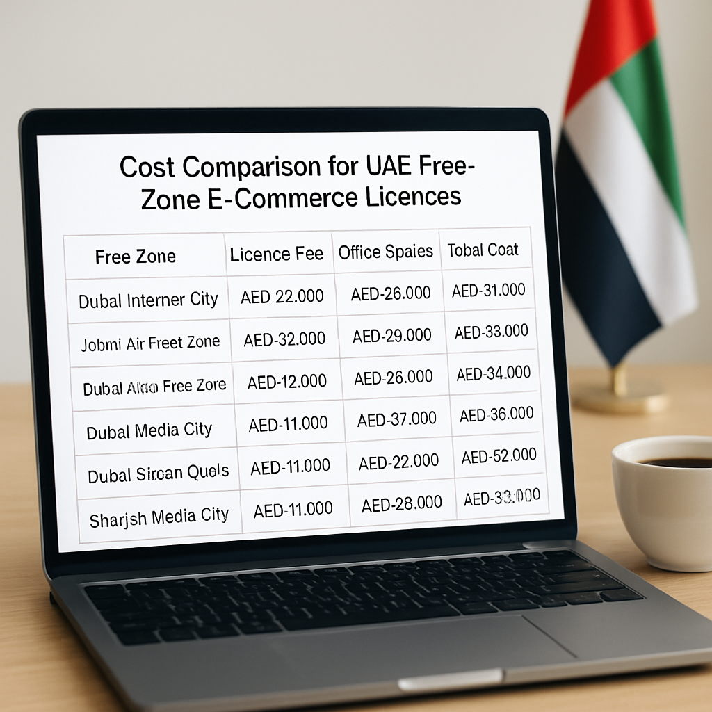A clean spreadsheet on a laptop screen showing a cost comparison table for UAE free‑zone e‑commerce licences, with a coffee cup and a UAE flag in the background. Alt: Detailed cost breakdown for UAE free zone e‑commerce licence.