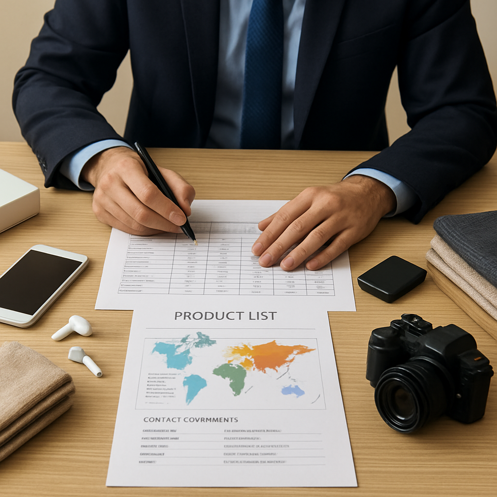 A businessperson reviewing a detailed product list and market map on a desk, surrounded by sample goods like electronics and textiles. Alt: Defining trading activity and scope for UAE free zone general trading license checklist