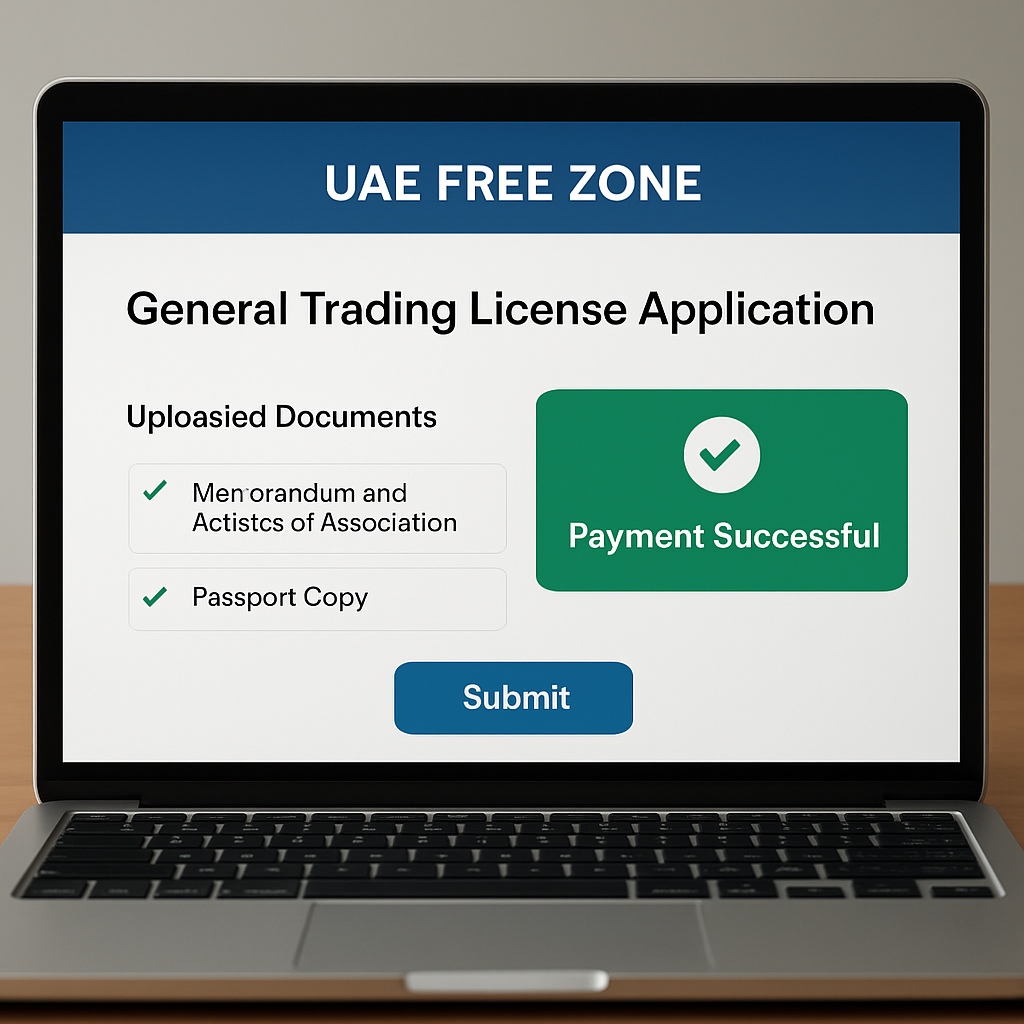 A laptop screen showing a free‑zone online portal with uploaded documents and a “Payment Successful” confirmation. Alt: Submitting a UAE free zone general trading license application and paying fees online