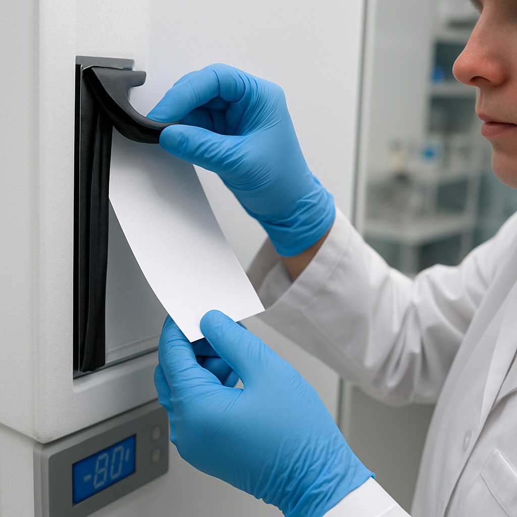 A photorealistic close‑up of a lab technician inspecting the rubber door seal of an ultra low temperature freezer, showing hands holding a piece of paper for the pull‑test, with clear lighting and lab background. Alt: Technician checking freezer door seal for ultra low temperature freezer maintenance.