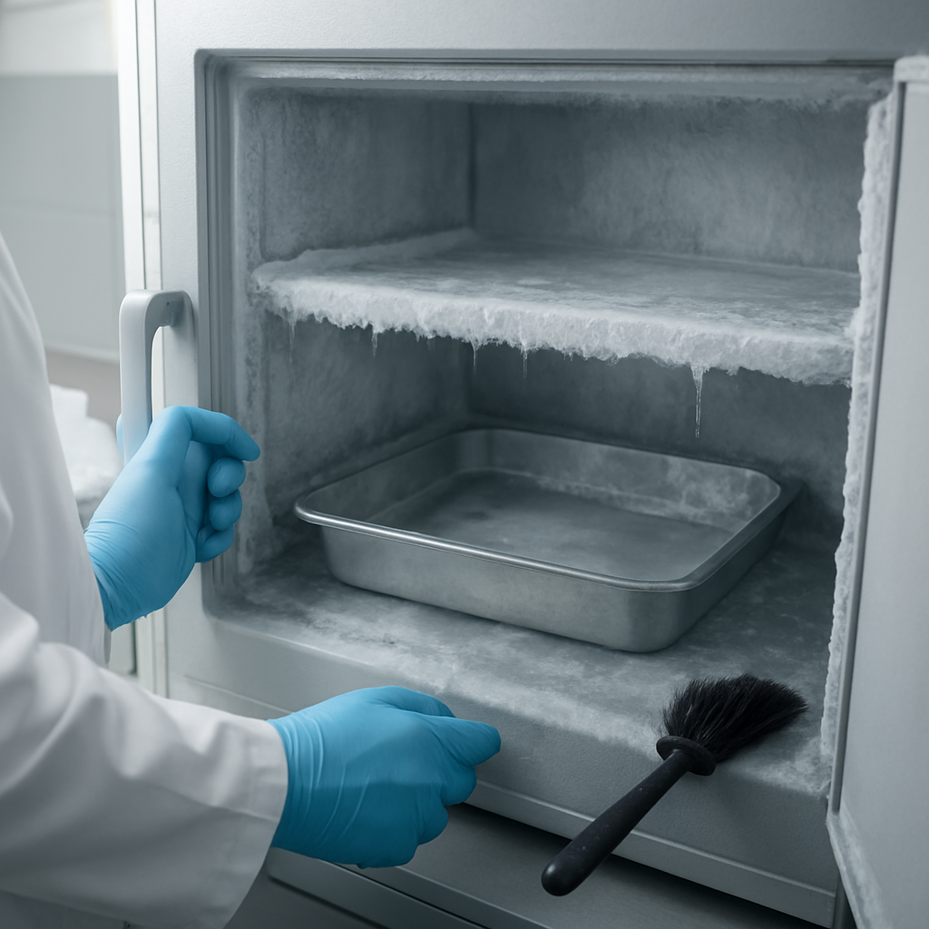 A photorealistic lab scene showing a researcher in a white coat gently opening an ultra‑low temperature freezer, frost melting on the interior shelf, a shallow tray catching water, and a soft brush nearby. Alt: Ultra low temperature freezer defrosting step in a research lab.