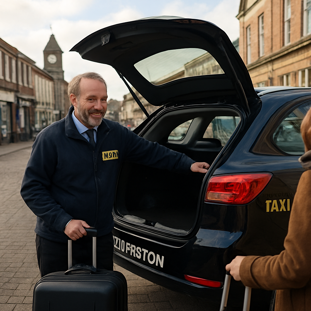 A friendly Ulverston taxi driver opening the boot for a passenger with luggage, showing the modern vehicle against a backdrop of the town centre. Alt: Ulverston taxi service amenities and friendly driver.