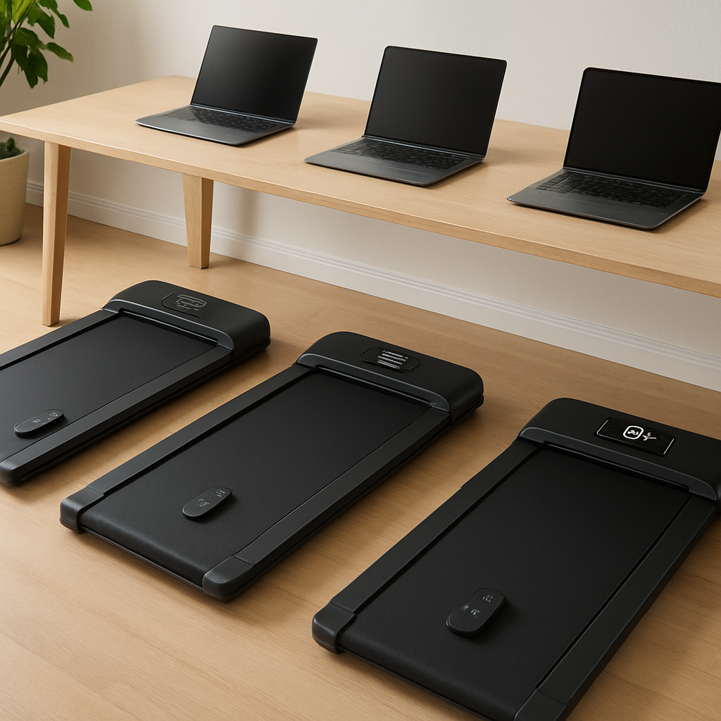 A modern home office showing three under desk walking pad treadmills side by side, each with its remote and a laptop, highlighting size and control differences. Alt: comparison of under desk walking pad treadmill models