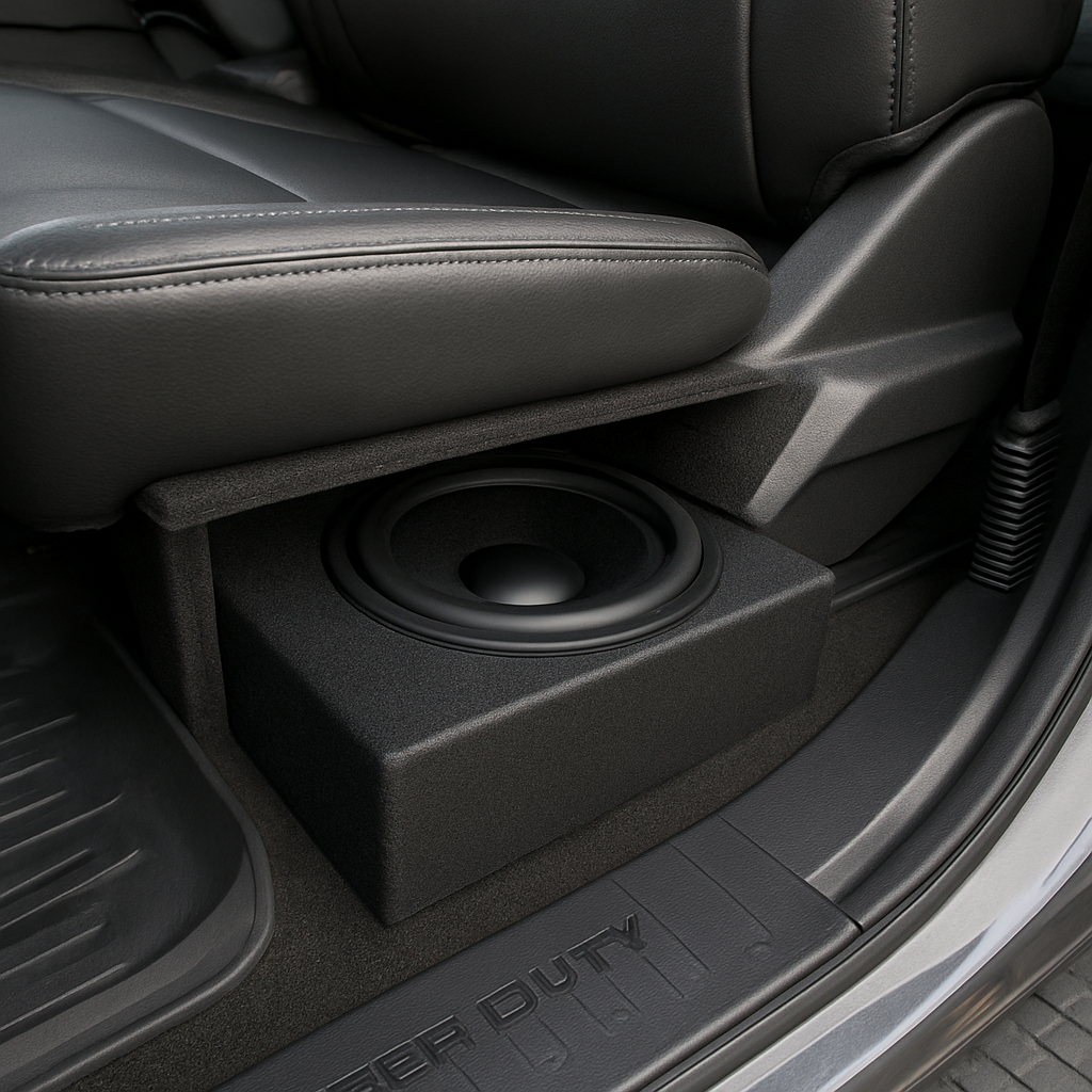 A photorealistic view of a Ford Super Duty interior showing an under‑seat subwoofer box installed beside the seat cushion, highlighting the limited clearance and acoustic baffle. Alt: Underseat subwoofer placement in Ford Super Duty truck.