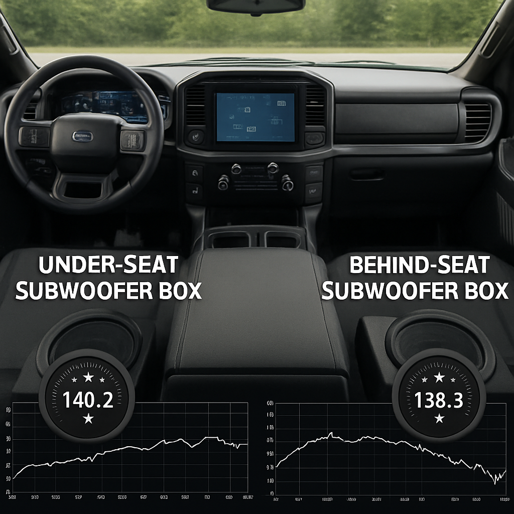 A photorealistic view of a 2026 Ford Super Duty cabin showing both an under‑seat subwoofer box and a behind‑seat box side‑by‑side, with SPL meters and frequency response graphs overlayed on the interior. Alt: Underseat vs behind seat subwoofer performance comparison in a Super Duty truck.