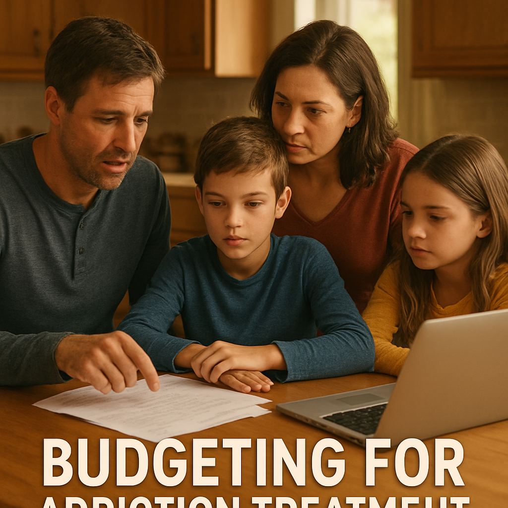 A warm, hopeful scene of a family gathered around a kitchen table with a laptop and paperwork, symbolizing budgeting for addiction treatment. Alt: family budgeting addiction treatment cost