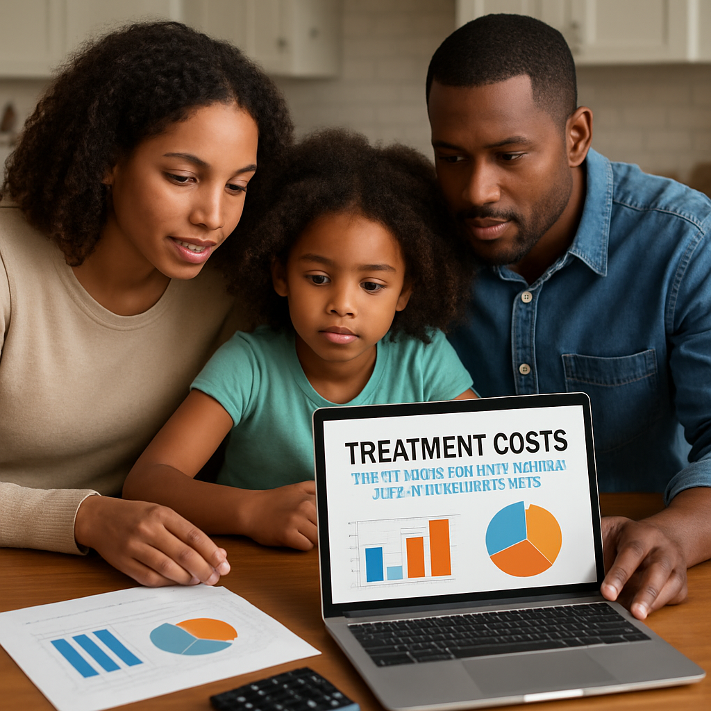 A hopeful family at a kitchen table reviewing a treatment cost worksheet on a laptop, with charts and a calculator visible. Alt: Financing addiction treatment cost options and budgeting guide