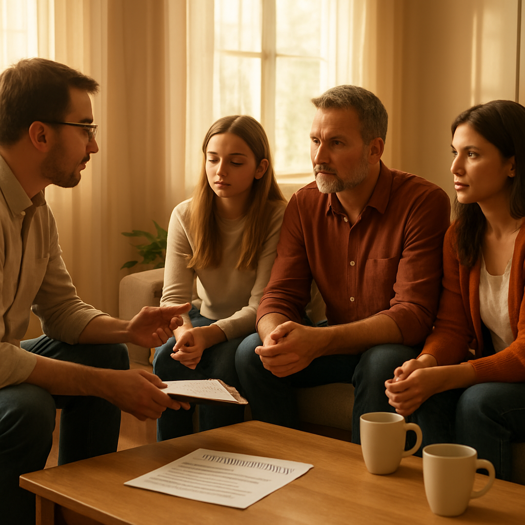 A warm, sunlit rehab counseling room with a therapist and a family sitting around a coffee table, discussing a recovery plan. Alt: Alcohol rehab cost counseling session with family support