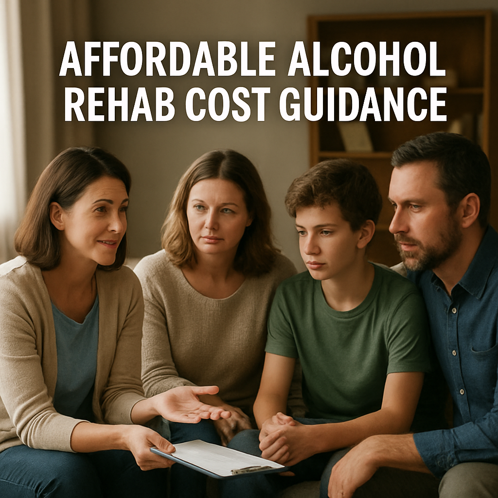 A comforting scene of a family discussing treatment options with a supportive counselor, Alt: affordable alcohol rehab cost guidance.