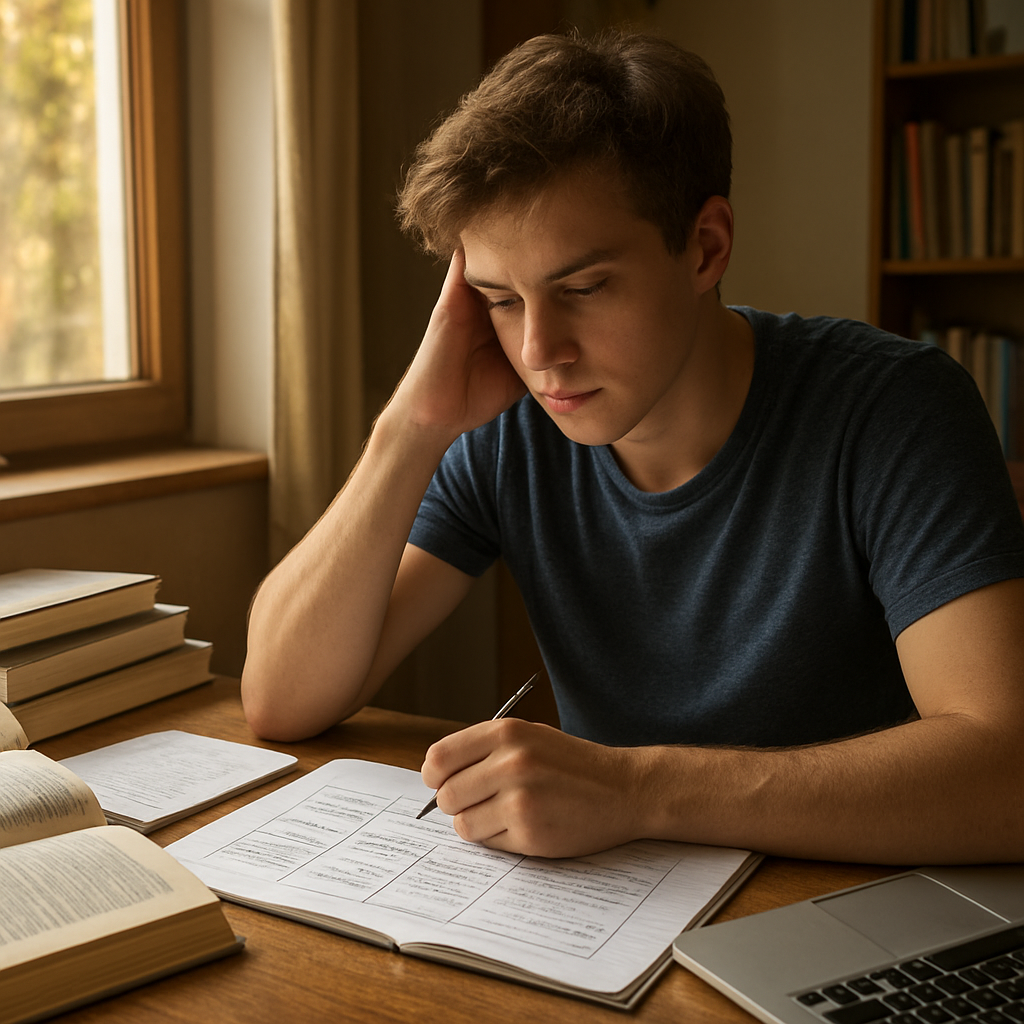 A photorealistic scene of a college student sitting at a desk surrounded by scattered textbooks, a laptop, and a notebook open to a three‑column pressure‑mapping table. Warm natural light streams through a window, highlighting the student’s thoughtful expression. Alt: Student mapping academic pressure sources on paper.