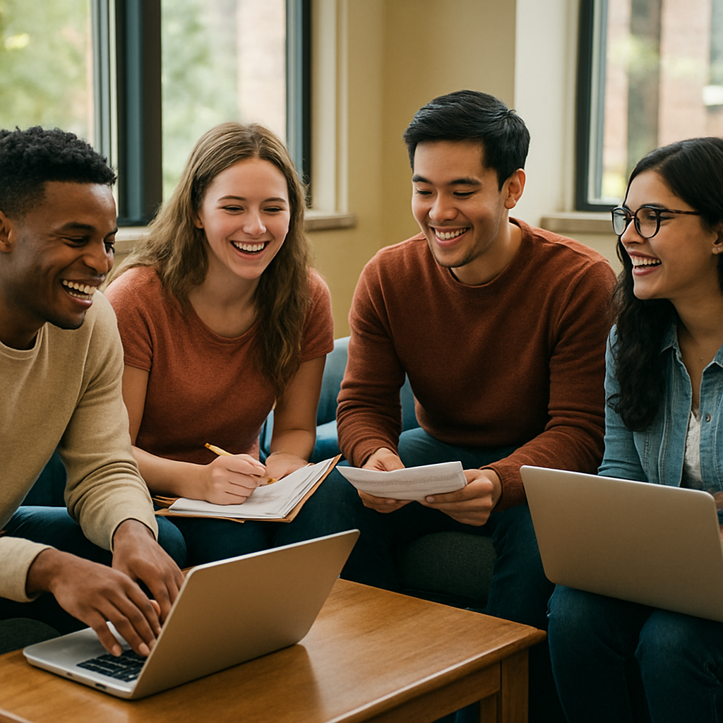 A photorealistic scene of a diverse group of college students sitting in a cozy campus lounge, laptops open, sharing notes and laughing, natural daylight streaming through large windows, representing supportive study networks. Alt: Students collaborating to ease the pressure of academic success.
