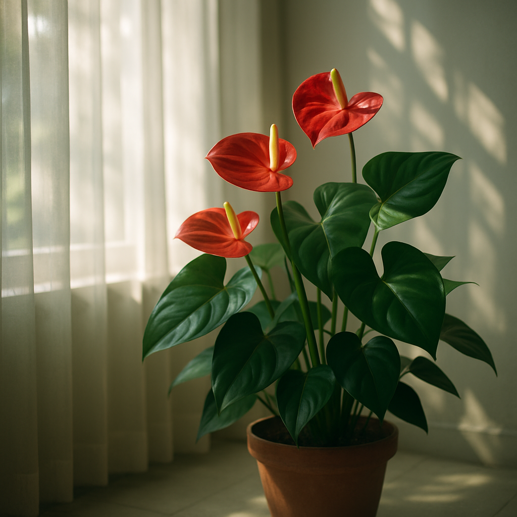 A bright indoor space featuring an anthurium placed near a window with sheer curtains allowing filtered light. Alt: Anthurium plant thriving in ideal bright indirect light conditions indoors.
