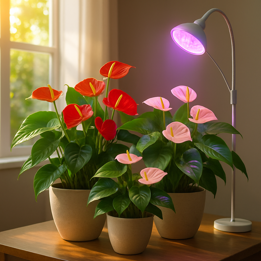 A bright indoor setup showcasing anthuriums thriving under a combination of filtered natural light and full-spectrum LED grow lights. Alt: Anthurium plants flourishing under different light types emphasizing anthurium light requirements.