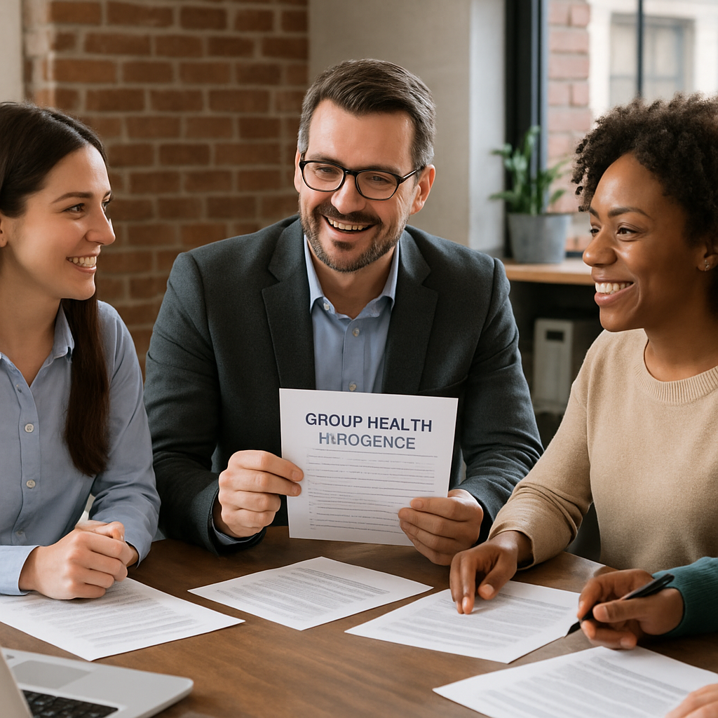 A small business owner discussing group health insurance options with employees around a conference table, smiling and reviewing documents. Alt: Small business group health insurance discussion showing diverse employees and an advisor.