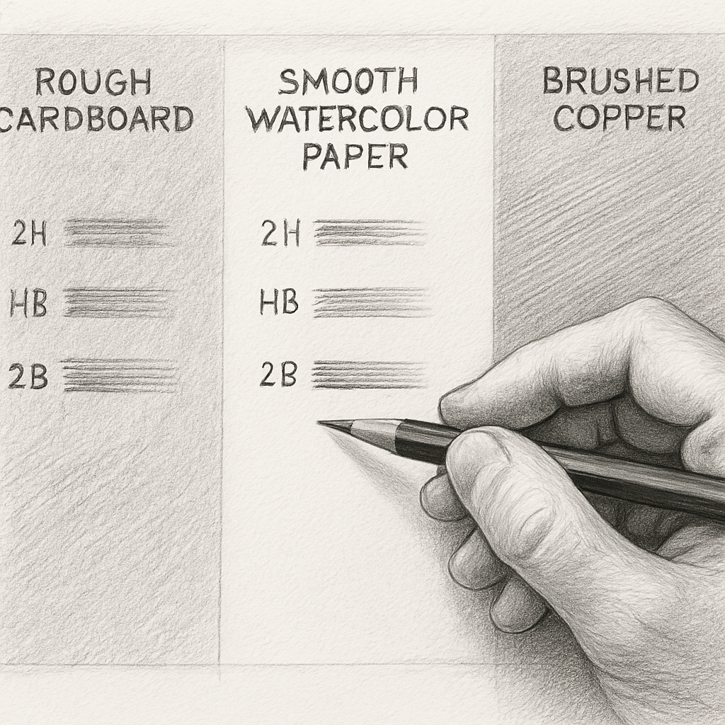 A sketch artist comparing pencil marks on rough cardboard, smooth watercolor paper, and brushed copper surface. Alt: pencil hardness chart applied to different materials.