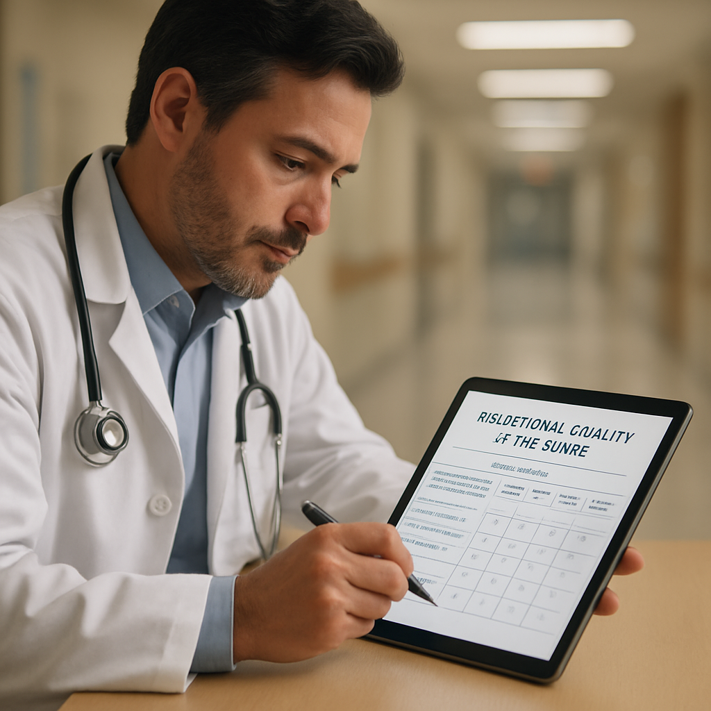 A calm clinician sitting at a desk, filling out a short questionnaire on a tablet, with a soft background of a hospital hallway. Alt: professional quality of life scale short version questionnaire being completed by a healthcare professional.