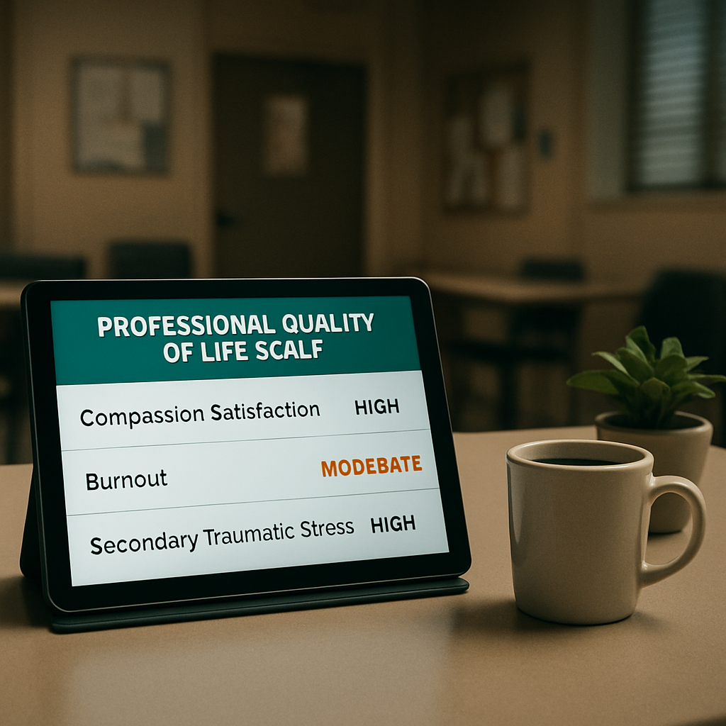 A hospital break room with a tablet displaying the professional quality of life scale results, a coffee mug, and a small potted plant. Alt: professional quality of life scale dashboard in a clinical setting