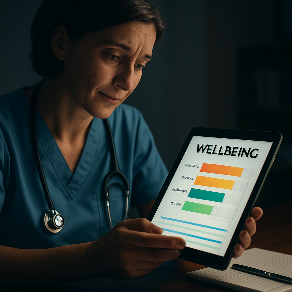 A compassionate healthcare professional sitting at a desk, looking at a tablet displaying a colourful wellbeing dashboard. Alt: secondary traumatic stress scale results visualised in a user-friendly chart
