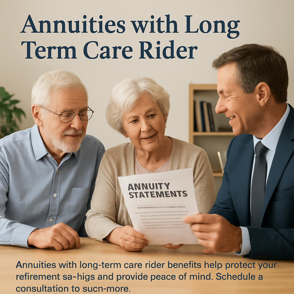 A senior couple reviewing annuity statements with a financial advisor, highlighting the long‑term‑care rider benefits. Alt: Annuities with long term care rider explanation illustration