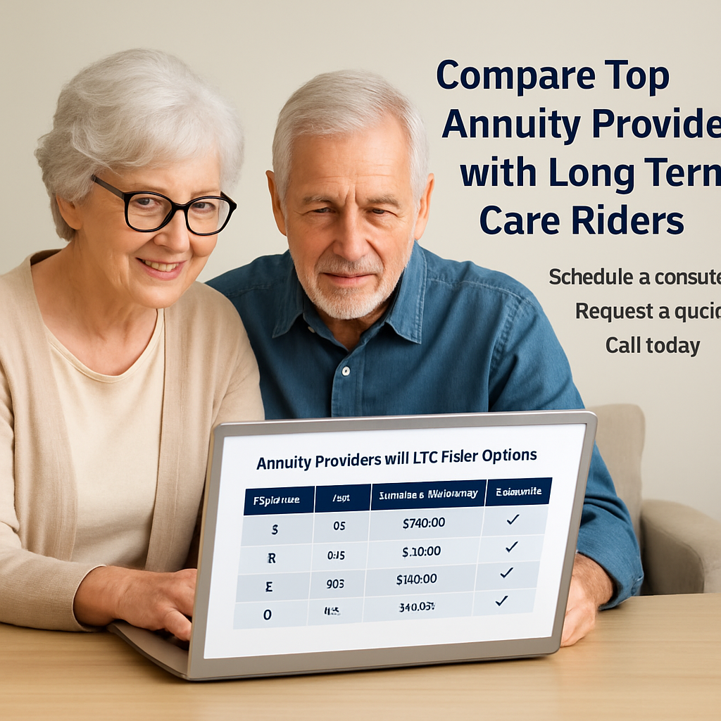 A senior couple reviewing annuity documents on a laptop, comparing LTC rider options. Alt: Comparison of top annuity providers with long term care riders