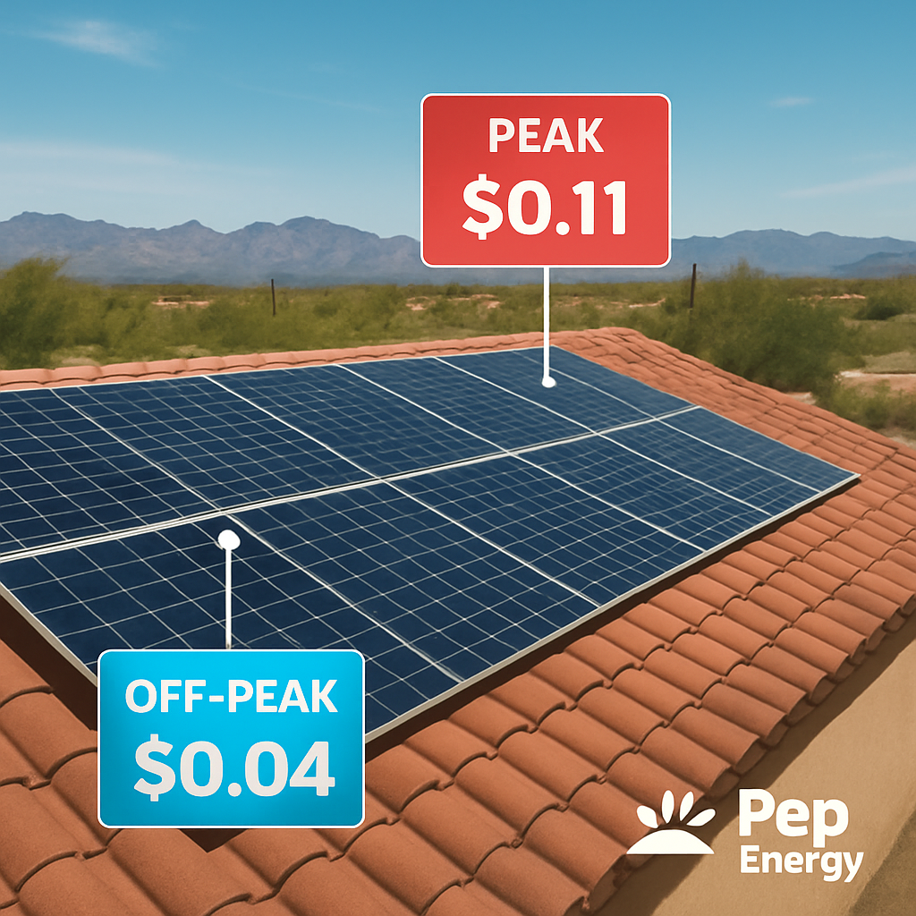 Understanding APS Solar Rate Plans: A Complete Guide for Homeowners 1 A rooftop solar array in Arizona with a digital overlay showing peak and off‑peak price markers. Alt: APS solar rate plans explained with visual price zones on a rooftop.