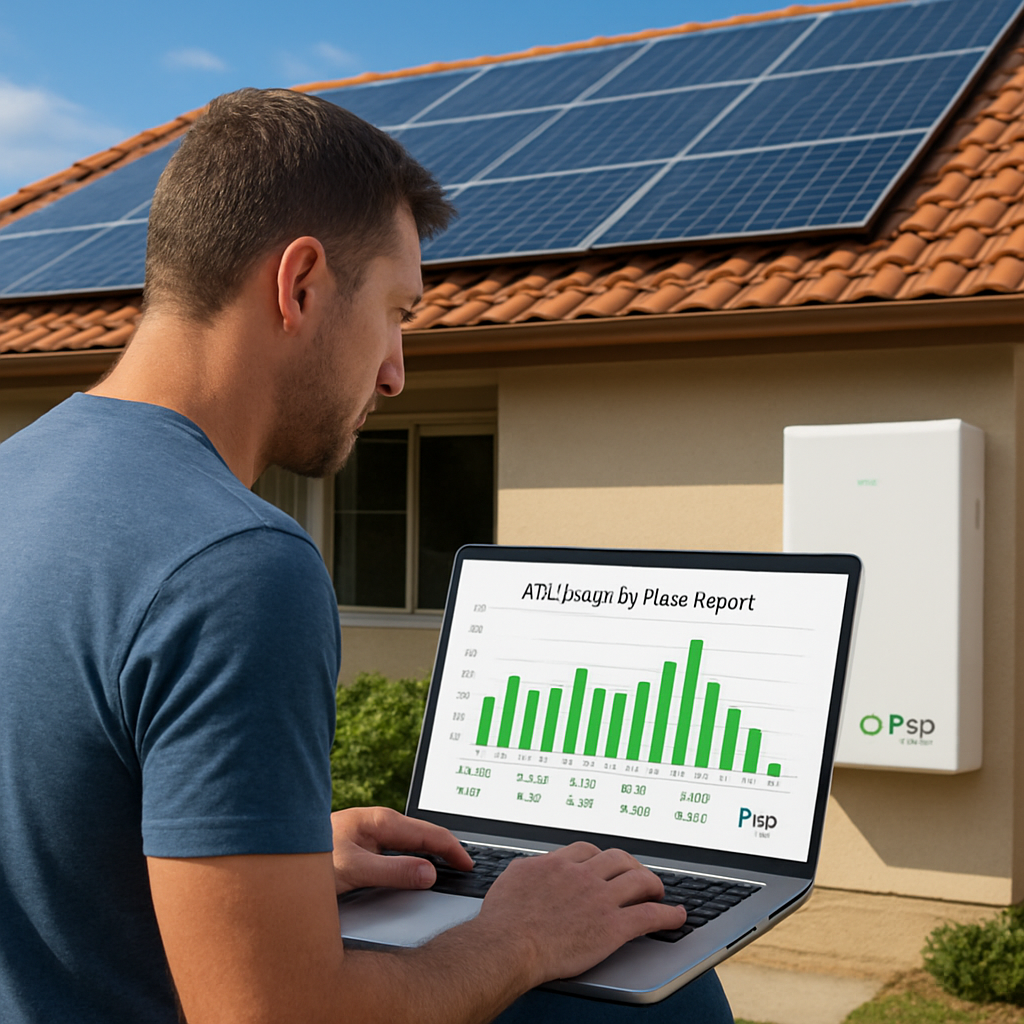 Understanding APS Solar Rate Plans: A Complete Guide for Homeowners 2 A homeowner reviewing an APS usage‑by‑hour report on a laptop, with solar panels visible on the roof and a battery unit nearby. Alt: Choosing the right APS solar rate plan for your home with visual guide.
