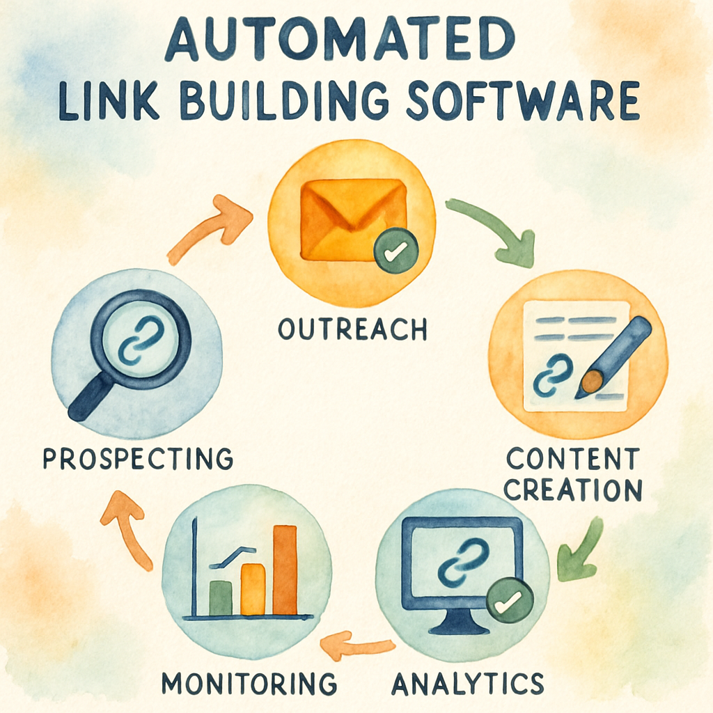 An infographic illustrating automated link building software workflow, including prospecting, outreach, content creation, monitoring, and analytics. Alt: Automated link building software process showcasing SEO backlink acquisition stages.