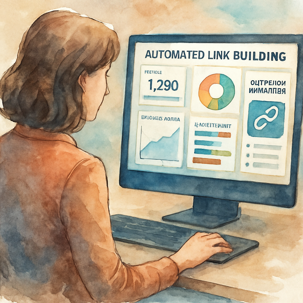 A digital marketer reviewing graphs and AI-powered software dashboards illustrating automated link building processes. Alt: Automated link building software dashboard showing backlink metrics and outreach automation in SEO.