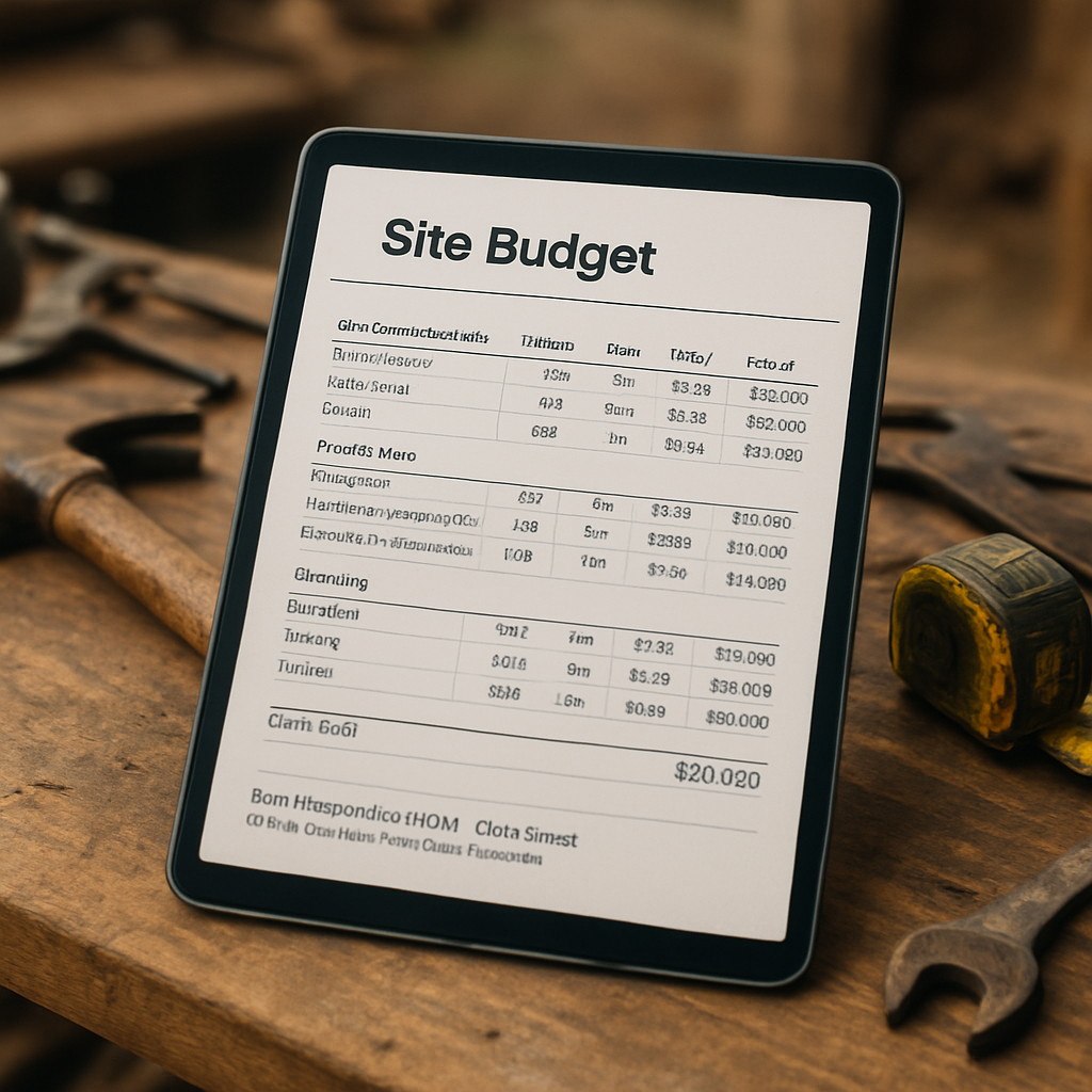A detailed site budget spreadsheet on a tablet on a rural workbench, construction tools in the background. Alt: barn conversion cost budgeting spreadsheet and site tools.