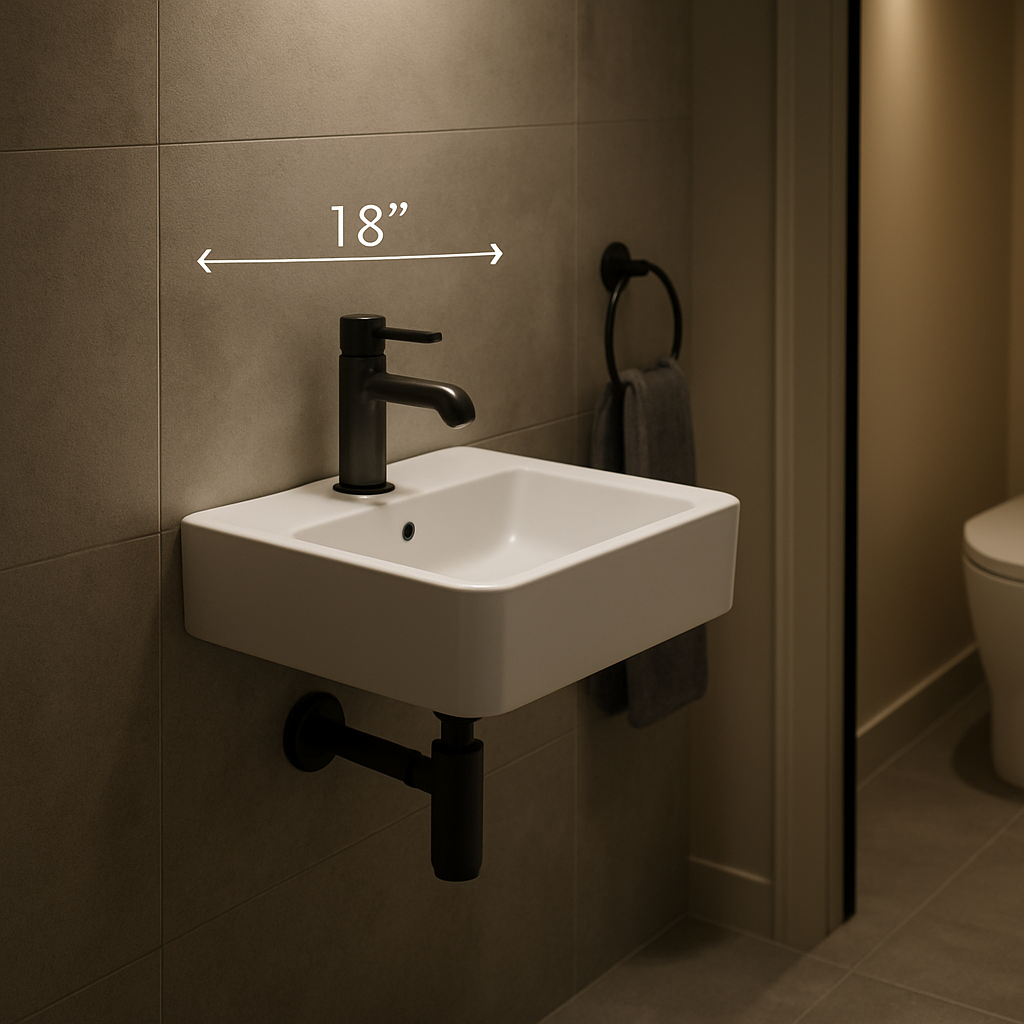 A modern bathroom showing a compact wall‑mounted sink in a narrow hallway, with clear measurements annotated. Alt: Choosing the right sink size for different bathroom layouts illustration.