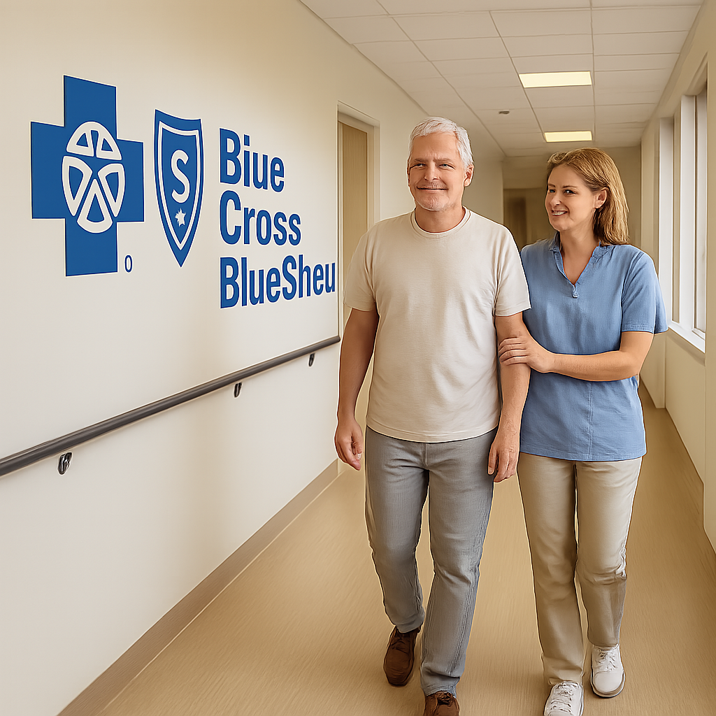A calm, sunlit rehab facility hallway with a BCBS logo on the wall, a patient walking with a supportive counselor. Alt: Blue Cross Blue Shield rehab coverage explained in a welcoming treatment center.