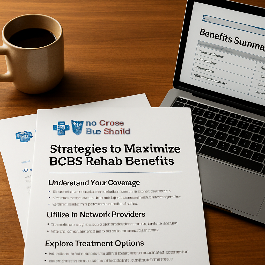 A warm, inviting rehab office desk with Blue Cross Blue Shield paperwork spread out, a coffee mug, and a laptop showing a benefits summary. Alt: Strategies to maximize BCBS rehab benefits visual guide.