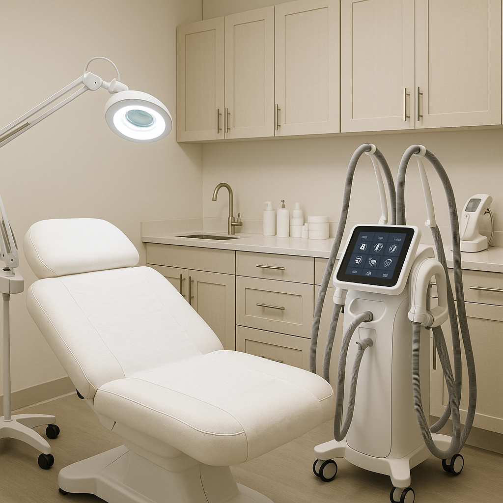 A professional aesthetic clinic room prepared for body contouring treatment. Alt: Body contouring Barrie medical spa treatment room with advanced equipment.