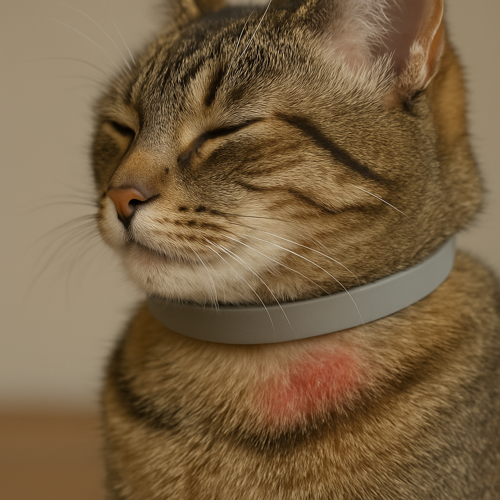 A close‑up of a cat’s neck with a calming collar, showing a slight redness on the skin and a calm expression. Alt: Cat with calming collar side effects skin irritation illustration