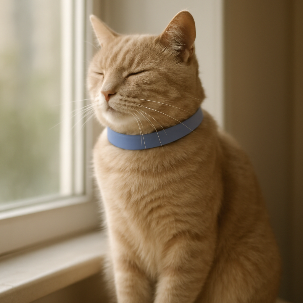 A calm cat sitting on a windowsill wearing a slightly loosened calming collar, with a soft focus on the neck area showing healthy fur. Alt: Managing and reducing side effects of a cat calming collar.