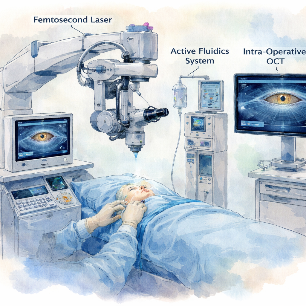 A detailed illustration of a cataract surgery setup highlighting a femtosecond laser, an active fluidics system, and an intra‑operative OCT screen. Alt: Cataract surgery technology reducing complication rates
