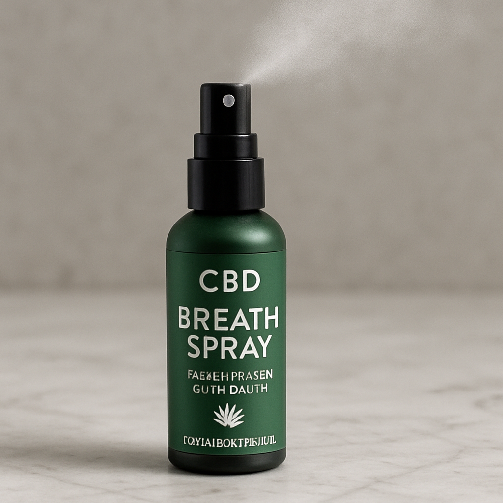 A sleek bottle of CBD breath spray on a marble countertop, with a soft mist visible, highlighting the product’s modern design and natural ingredients. Alt: CBD breath spray for fresh breath and gum health.