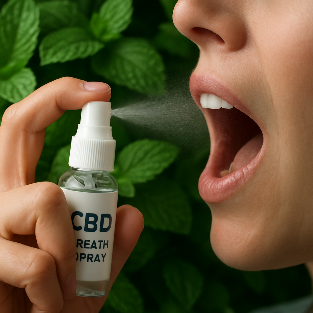 A close‑up of a hand spraying CBD breath spray into an open mouth, showing fine mist droplets and a background of fresh mint leaves. Alt: CBD breath spray delivering anti‑inflammatory relief and fresh breath.
