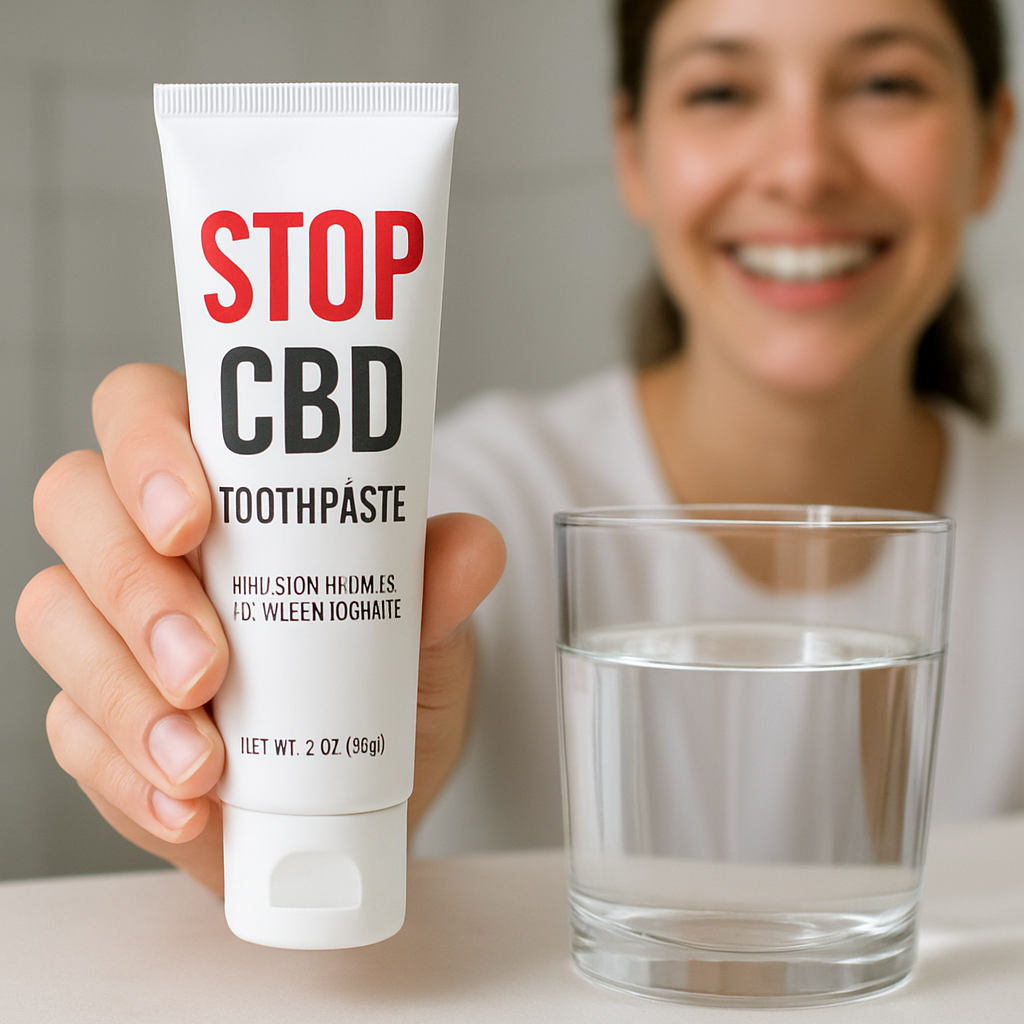 A close‑up of a hand holding a STOP CBD toothpaste tube next to a glass of water, bright bathroom lighting highlighting the product label and a smiling person in the background. Alt: Choosing the right CBD oral care product for gum health and fresh breath