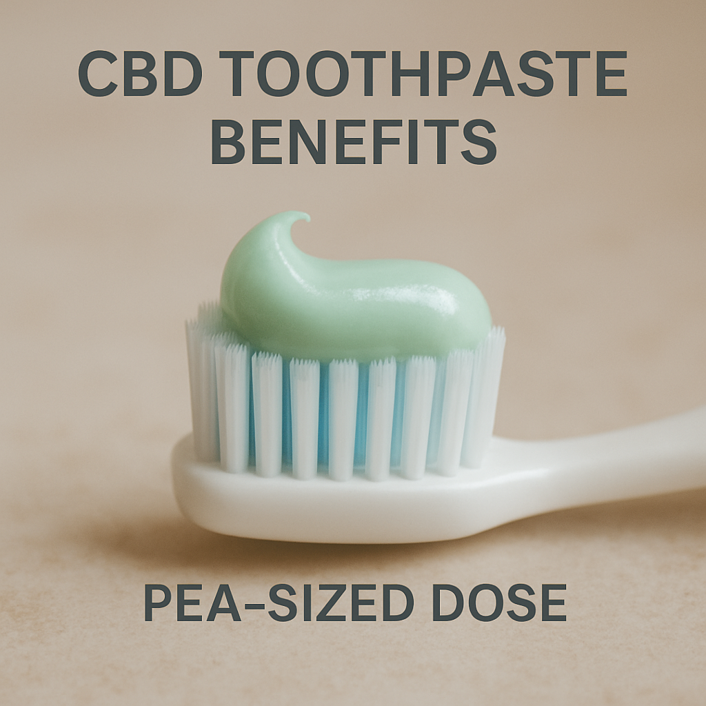 Close-up of a toothbrush with a pea-sized swirl of CBD toothpaste on it, soft lighting; Alt: cbd toothpaste benefits pea-sized dose on toothbrush