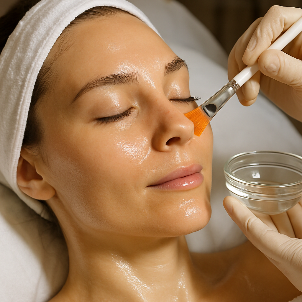 A close-up of a woman undergoing a chemical peel treatment at a medspa, with glowing fresh skin visible. Alt: Chemical peel treatment revealing younger, smoother skin