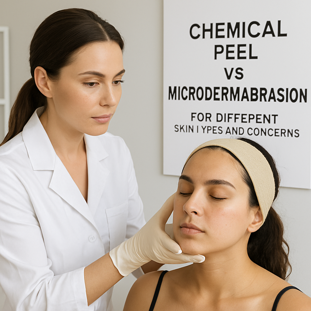 A skincare professional examining a client’s face to determine the best exfoliation treatment. Alt: Choosing between chemical peel vs microdermabrasion for different skin types and concerns.