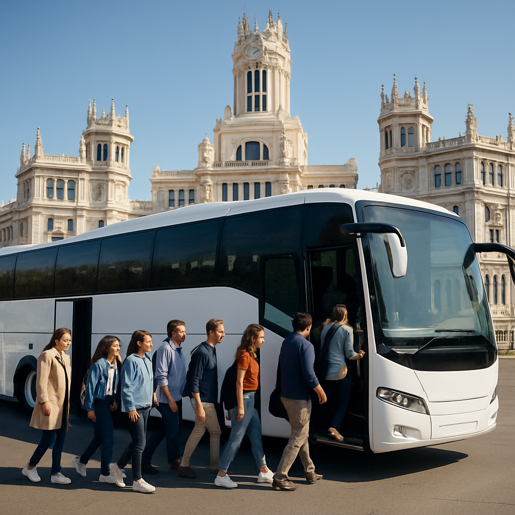 A modern coach bus parked in front of a historic Madrid landmark, with a group of happy passengers boarding. Alt: coach bus rental prices, group transport Madrid, luxury coach hire