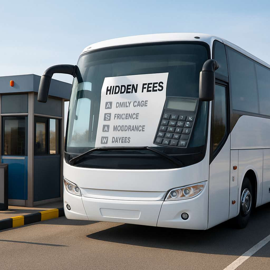 A sleek coach bus parked beside a toll booth with a calculator and a checklist on the windshield. Alt: hidden fees coach bus rental prices checklist