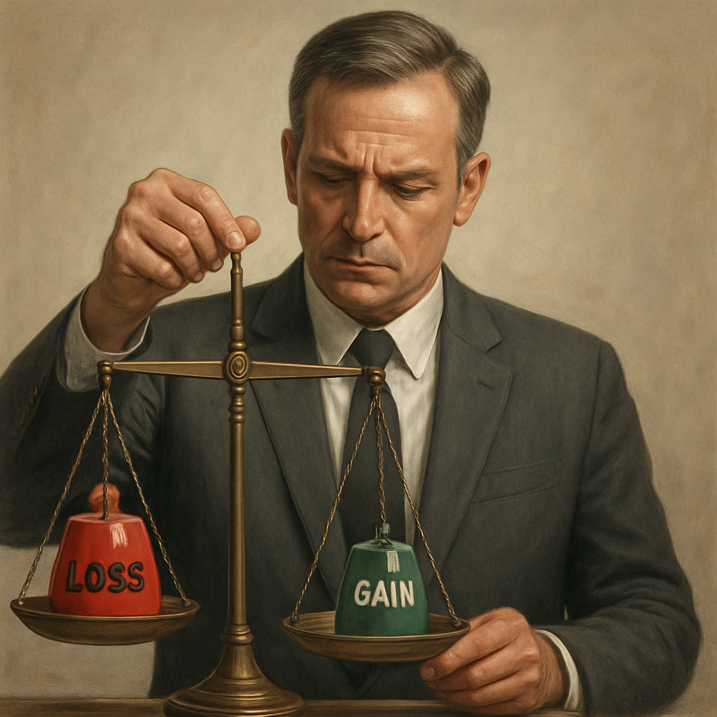 A split‑screen illustration of a negotiator holding a scale, one side labeled “Loss” heavy with a red weight, the other side labeled “Gain” lighter with a green weight, showing the psychological tilt toward avoiding loss. Alt: visual of loss aversion bias in negotiation.