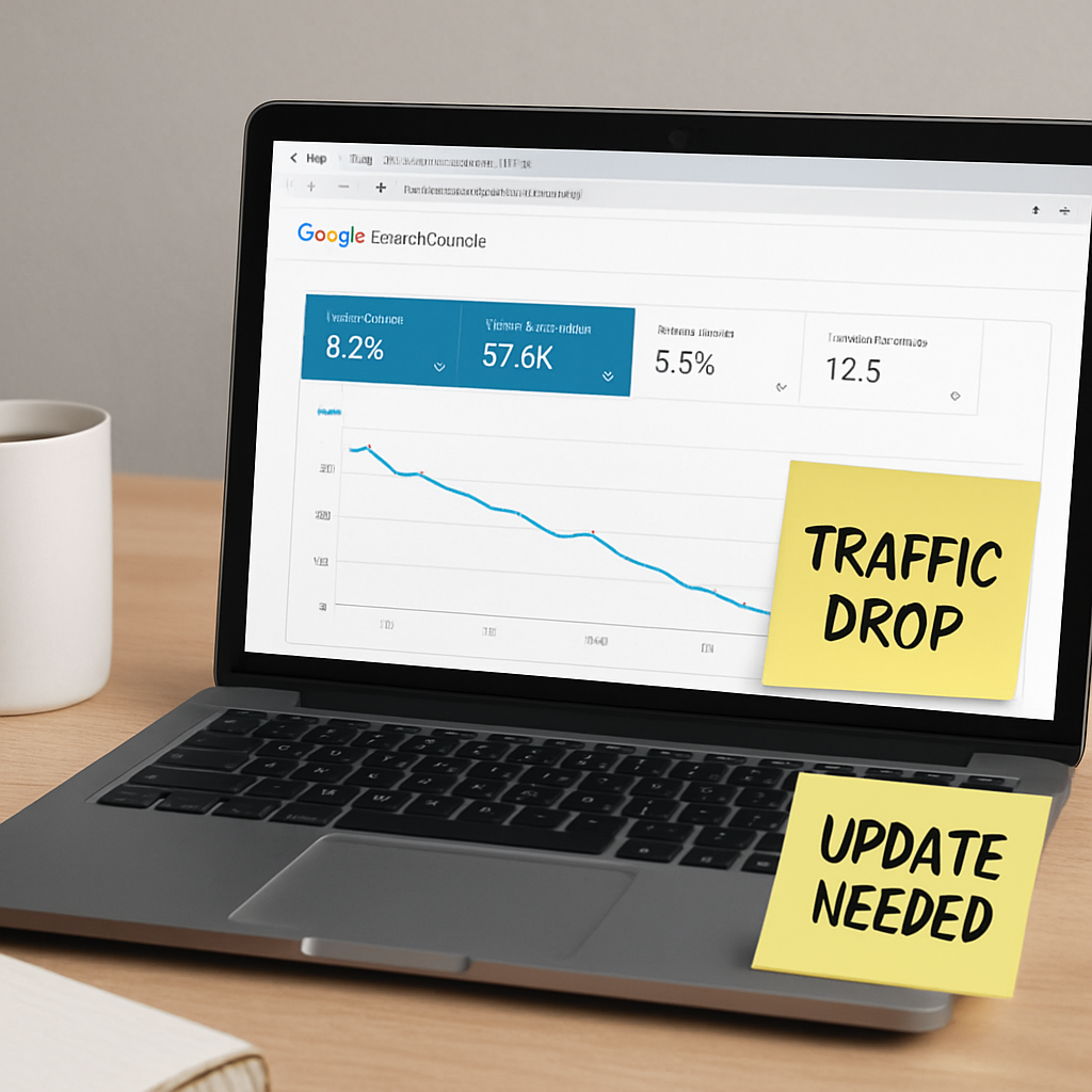 A modern office desk with a laptop showing a Google Search Console report, coffee mug, and sticky notes highlighting “traffic drop” and “update needed”. Alt: Identify decaying SEO content with data-driven checklist