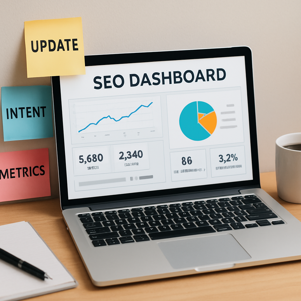 A modern workspace with a laptop open to a SEO dashboard, a coffee mug, and sticky notes highlighting “Update”, “Intent”, “Metrics”. Alt: Content decay SEO refresh workflow illustration.